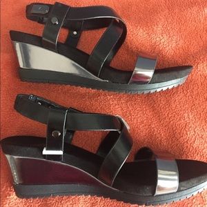Black & Silver Wedge Sandals.  NWOT